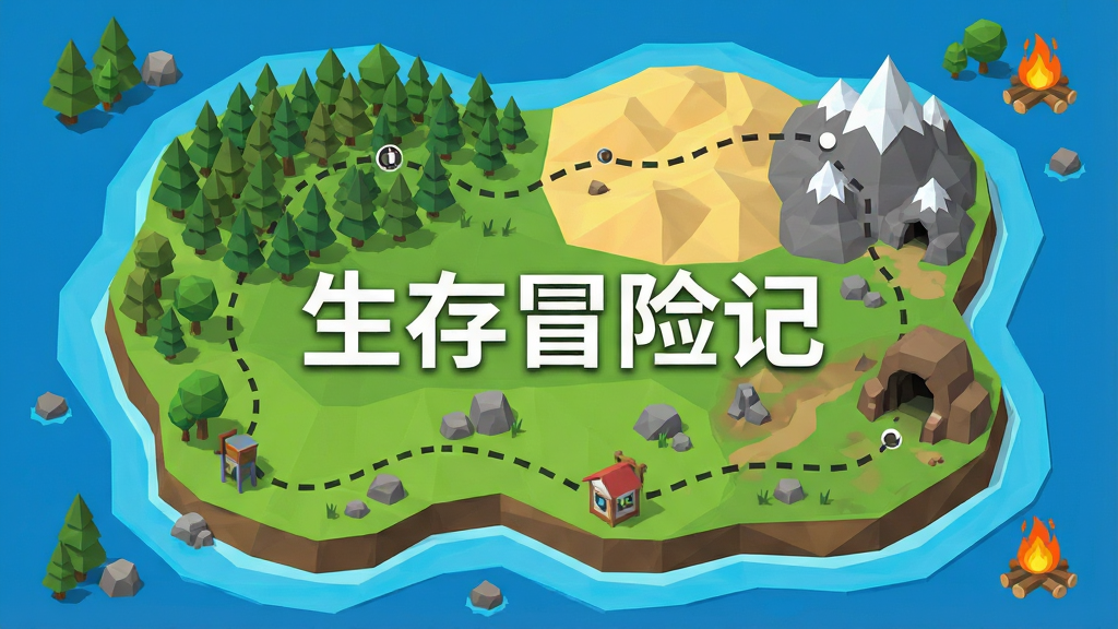 一张低多边形风格的开放世界岛屿地图俯视图,岛屿被海洋环绕,地图上标注了森林、沙漠、雪山、洞穴等不同区域,一条虚线路径串联起多个探索点,画面中央用白色字体写着“生存冒险记”,四周点缀着树木、岩石和篝火图标,整体采用清新明快的插画风格,色彩丰富但不过于饱和,画质干净清晰,无多余元素