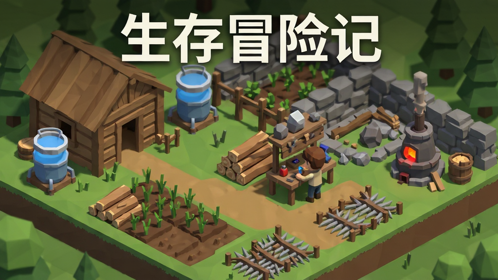 一幅低多边形风格的生存基地全景图,画面中有木屋、石墙、农田、雨水收集器、熔炉和陷阱,角色正在工作台前合成道具,周围堆放着木材和矿石,画面顶部用白色字体写着“生存冒险记”,整体采用等距视角的插画风格,色调以棕色、绿色和灰色为主,细节丰富但画面干净,无多余元素