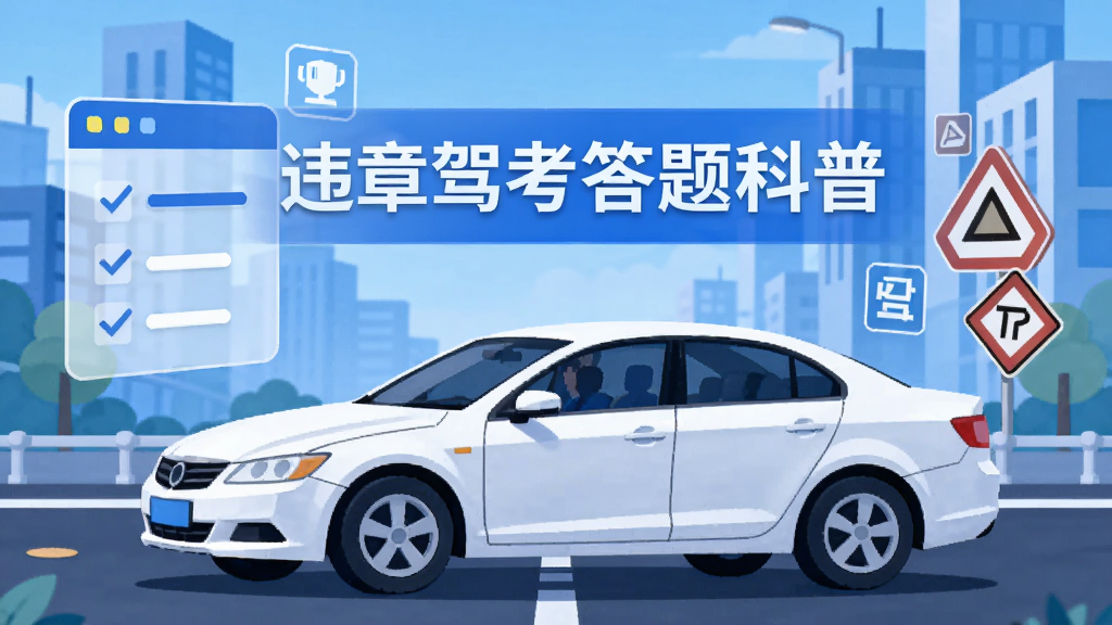 一辆白色轿车行驶在城市道路上,旁边浮现出半透明的答题面板和交通标志图标,画面中央用文字标注“违章驾考答题科普”,整体风格为扁平化科技感插画,色调以蓝白为主,细节清晰,画质干净