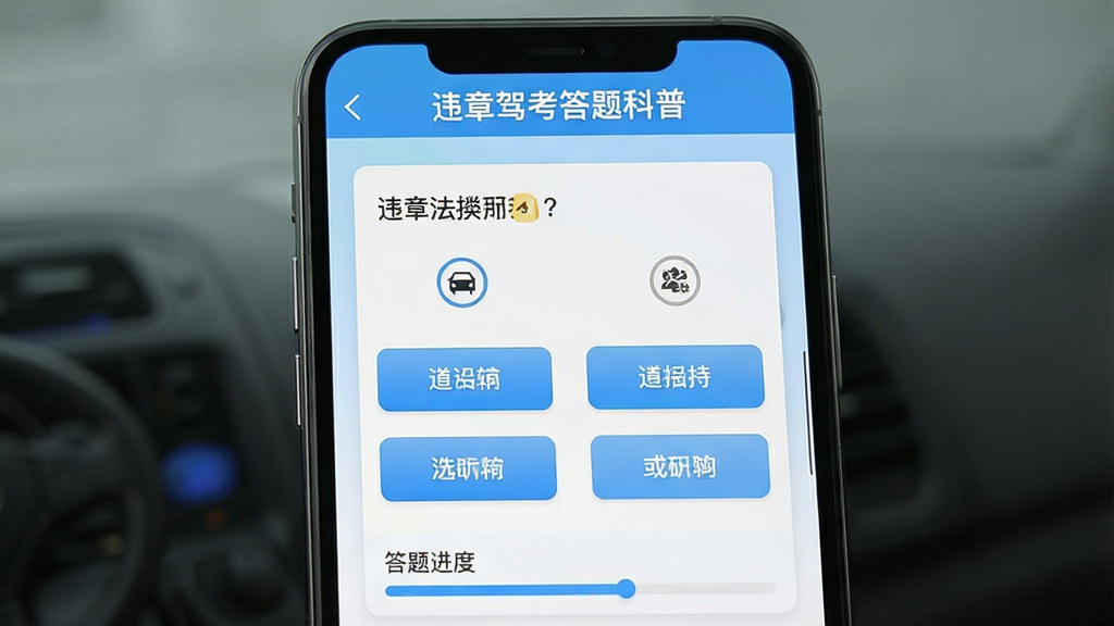 手机屏幕展示交通法规答题界面,顶部标题栏写着“违章驾考答题科普”,中间是选择题和四个选项按钮,底部有答题进度条,背景为浅蓝色渐变,风格简洁清爽,画面干净无多余元素,高清画质