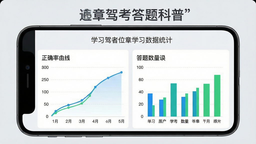 一个手机界面展示学习数据统计图表,包括正确率曲线和答题数量柱状图,屏幕上方显示“违章驾考答题科普”字样,背景为淡灰色,风格简约商务,图表颜色为蓝色和绿色,画质清晰,无多余装饰元素
