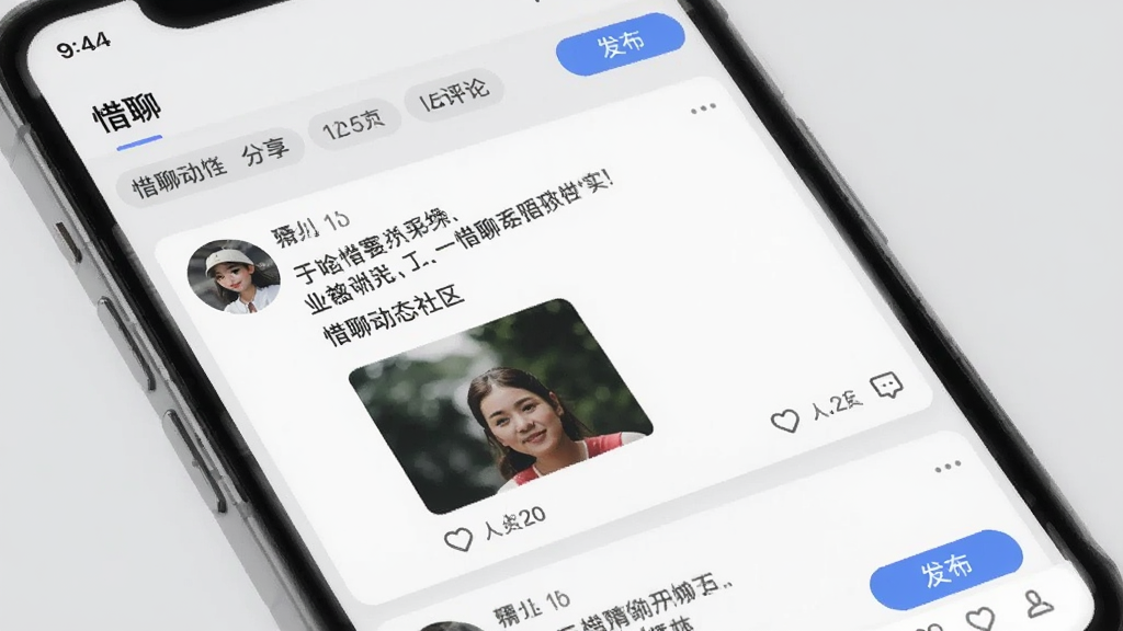 惜聊动态社区分享界面,画面为手机屏幕中信息流卡片列表,每张卡片包含用户头像、文字内容、图片与点赞评论图标,背景为浅灰色,布局为垂直滚动列表,风格为现代社交应用UI,细节包括标签筛选栏、发布按钮、互动数据,画质清晰整洁,无多余元素,文字标注“惜聊”