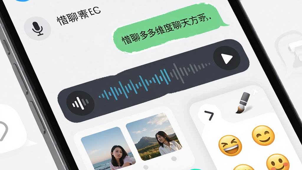 惜聊多维度聊天方式展示,画面为手机屏幕特写,屏幕内呈现文字气泡、语音波形条、图片缩略图与表情面板,布局采用上下分层结构,风格为现代科技感UI设计,细节包括麦克风图标、播放按钮、涂鸦笔刷,画质清晰明亮,无多余元素,文字标注“惜聊”