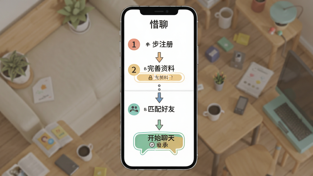 惜聊新手操作指引示意图,画面为手机屏幕中分步引导页面,展示注册、完善资料、匹配好友、开始聊天四个步骤,布局为纵向流程排列,风格为扁平化教程插画,细节包括步骤序号、箭头指示、按钮高亮,画质清晰干净,无多余元素,文字标注“惜聊”