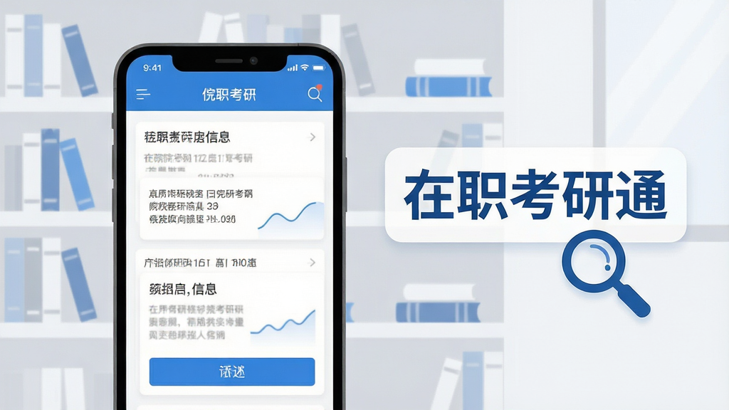 一张展示在职考研通院校资讯界面的图片,画面主体为手机屏幕显示院校列表和招生信息卡片,屏幕右侧漂浮着“在职考研通”字样和放大镜图标,背景为简约的书架场景,风格为清新扁平插画,色调以蓝白和浅灰为主,排版层次分明,细节表现信息卡片和筛选按钮,画质清晰,干净整洁