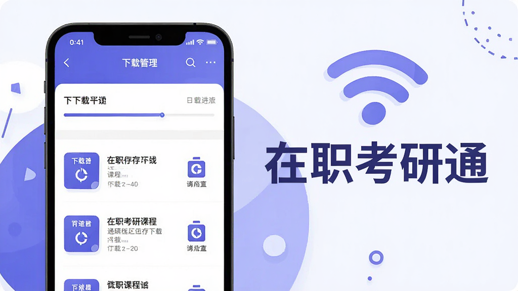 一张展示在职考研通离线下载功能的图片,画面中央是手机屏幕显示下载管理界面和已缓存课程列表,屏幕旁边有“在职考研通”文字和无线网络图标,整体为扁平插画风格,色调以蓝紫和白色为主,排版简洁明了,细节突出下载进度条和缓存图标,画质高清,无多余装饰
