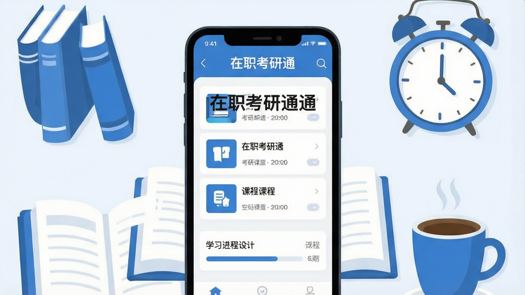 一张展现手机屏幕上在职考研通应用主界面的图片,画面中央是一部竖屏智能手机,屏幕内显示课程列表与学习进度条,周围环绕书本、时钟、咖啡杯等学习元素,整体采用扁平插画风格,色调以蓝色和白色为主,画面干净整洁,布局居中对称,细节清晰,文字内容为“在职考研通”加粗显示,画质高清,无多余装饰元素