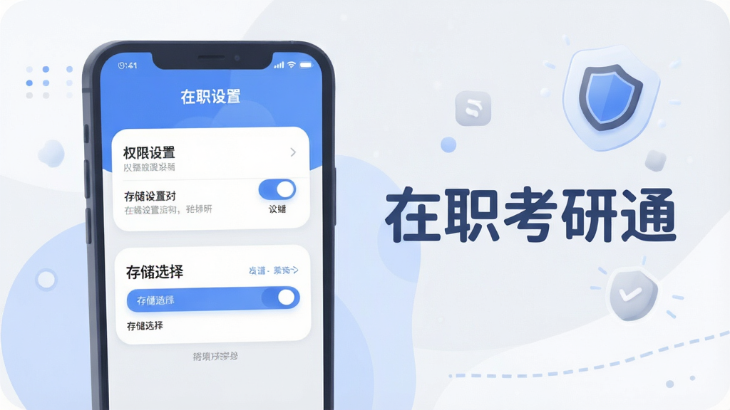 一张展示在职考研通新手安装设置引导页面的图片,画面主体为手机屏幕显示权限设置和存储选择界面,屏幕旁边有“在职考研通”文字和盾牌安全图标,整体采用柔和圆角扁平插画风格,色调以蓝色和浅灰为主,排版清晰有序,细节表现权限开关和存储条,画质高清干净,无多余元素