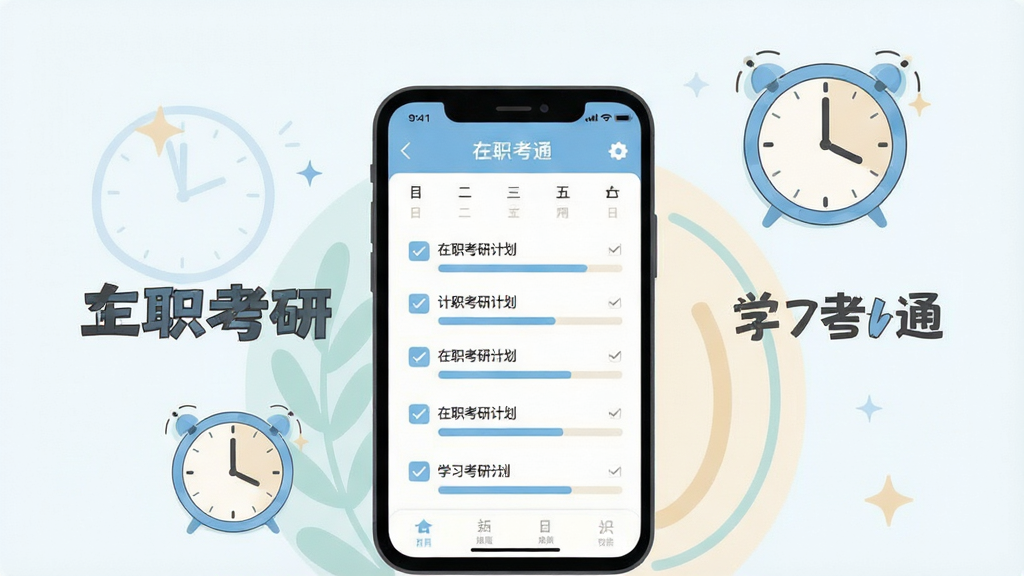 一张展示在职考研通学习计划界面的图片,画面中央是手机屏幕显示日历式学习计划表,带有勾选标记和进度条,屏幕周围环绕“在职考研通”文字和时钟图标,整体采用清新浅色扁平插画风格,色调以浅蓝和米白为主,排版整洁有序,细节突出计划表和进度环,画质高清,画面干净无多余元素