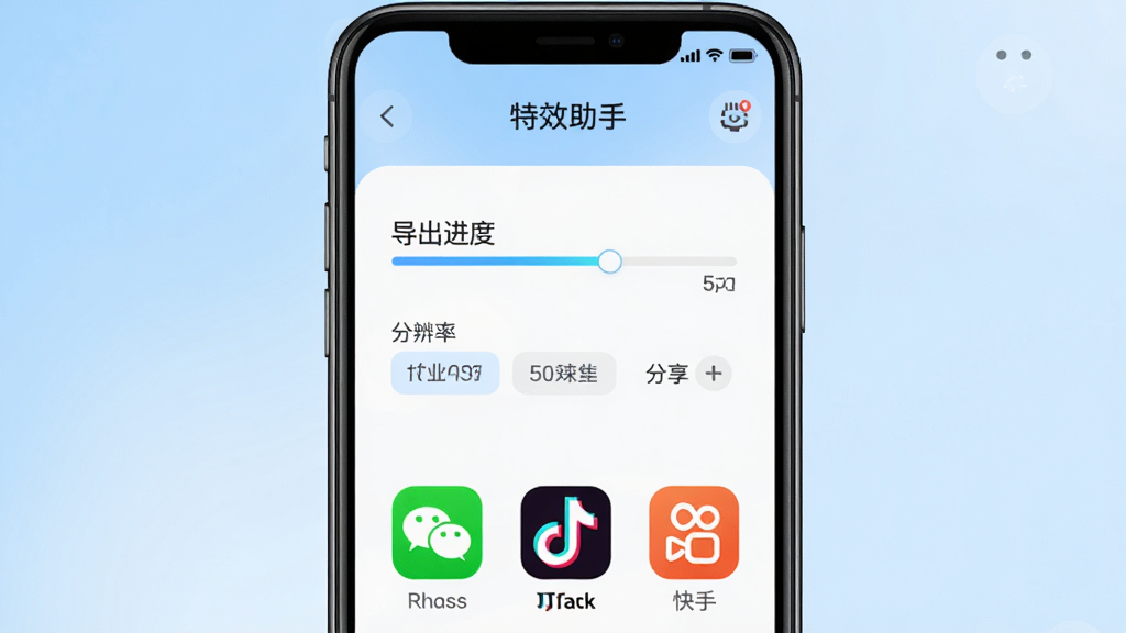 一张展示“特效助手”导出分享界面的图片,画面中央是手机屏幕,屏幕上显示导出进度条和分辨率选项,下方排列着微信、抖音、快手等分享图标,界面背景为浅蓝色渐变,图标色彩鲜明,整体风格干净利落,排版直观,高清画质,无多余装饰。