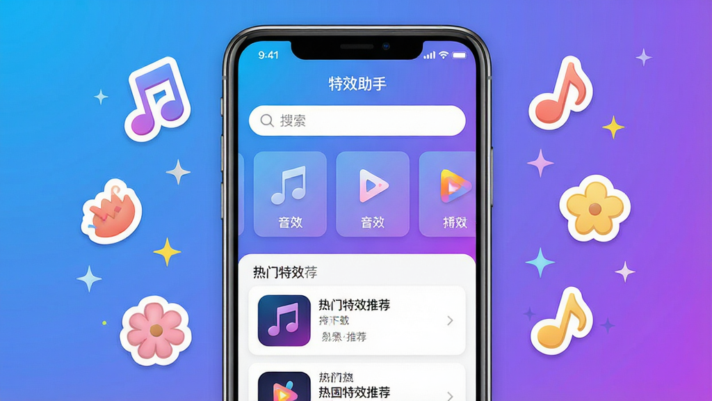 一张展示手机屏幕的图片,屏幕中央是“特效助手”软件主界面,界面布局简洁,上方是搜索框,中间是音效分类卡片,下方是热门特效推荐列表,周围环绕着音符、贴纸、星光等装饰元素,整体风格明亮活泼,色彩以蓝紫渐变为主,画面干净整洁,无多余杂乱元素,高清画质,适合软件下载站展示。
