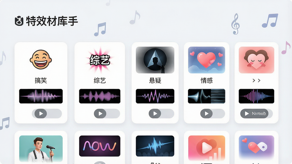 一张展示“特效助手”音效素材库界面的图片,画面中排列着多个音效分类图标,如“搞笑”“综艺”“悬疑”“情感”等,每个分类下方有若干音效条目和播放按钮,界面采用卡片式布局,背景为浅灰白色,点缀少量音符图标,整体风格清爽简约,排版整齐,高清画质,无多余元素。