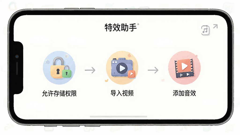 一张展示“特效助手”新手引导界面的图片,画面中手机屏幕显示分步操作提示,第一步为“允许存储权限”,第二步为“导入视频”,第三步为“添加音效”,界面采用插画风格,配色柔和,图标清晰,整体排版简洁,高清画质,无多余元素。