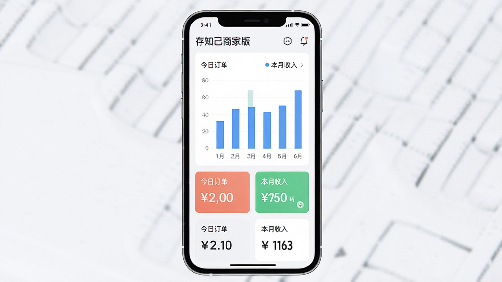 一张展示存知己商家版数据看板界面的图片,画面主体是手机屏幕显示柱状图与数字卡片,布局为居中展示,排版将数据图表置于视觉焦点,风格为现代简约商务,细节包括“今日订单”“本月收入”等文字标签,画质高清,干净,无多余元素