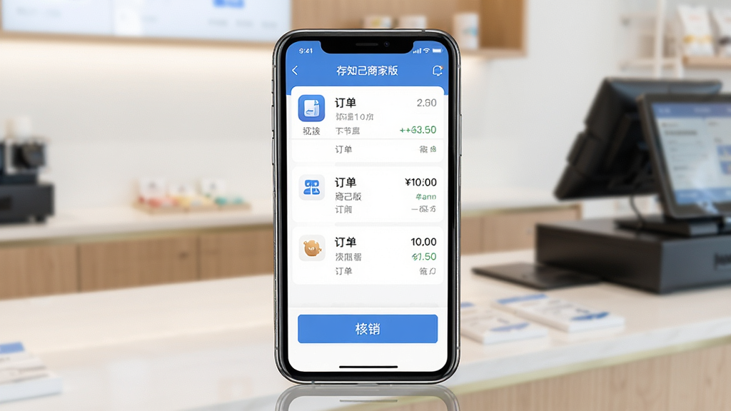 一张展示存知己商家版手机应用主界面的图片,画面中央是一部现代智能手机,屏幕上显示着订单列表与核销按钮,背景是简洁的店铺柜台环境,布局清晰,排版突出手机屏幕内容,风格为写实产品展示,细节包括手机边框反光、界面图标文字“存知己商家版”,画质高清,干净,无多余元素