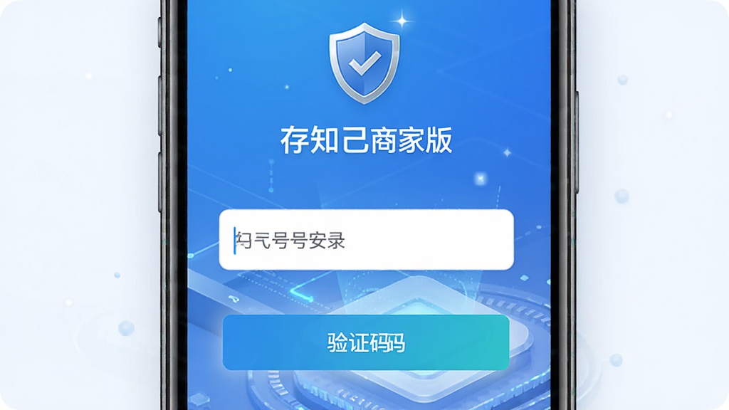 一张展示存知己商家版账户安全登录界面的图片,画面主体是手机屏幕显示手机号输入框与验证码按钮,布局为居中排版,风格为安全科技感,细节包括盾牌图标、“存知己商家版”字样,画质清晰,干净,无多余元素