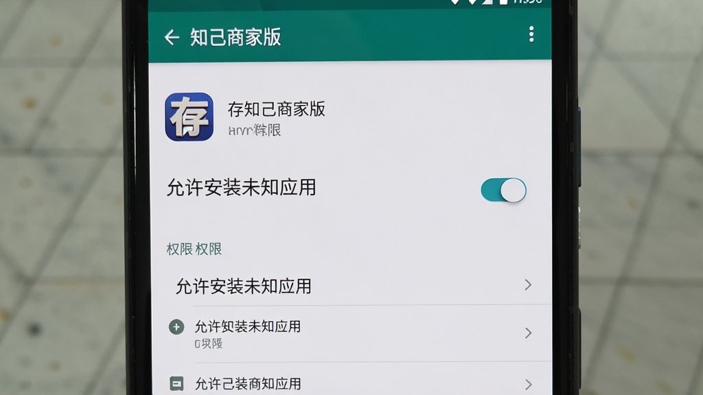 一张展示存知己商家版在安卓手机上安装权限设置的图片,画面主体是手机屏幕显示“允许安装未知应用”开关界面,布局为竖屏手机截图风格,排版突出开关按钮,风格为系统设置写实,细节包括“存知己商家版”应用图标、权限列表文字,画质清晰,干净,无多余元素
