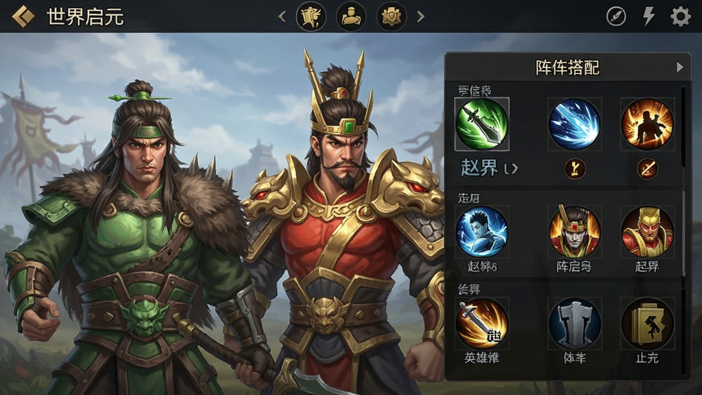 世界启元 英雄配将界面 赵云吕布等传奇英雄 技能面板 阵容搭配 策略手游 干净无多余元素