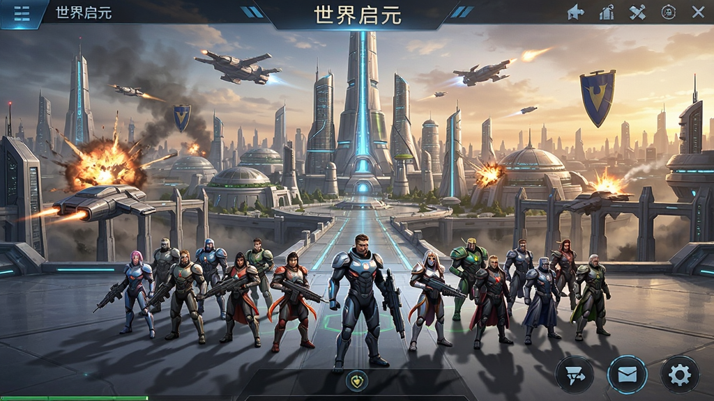 世界启元 游戏主界面 宏大科幻战场 未来文明城池 英雄角色列阵 策略手游 高清画质 干净无多余元素