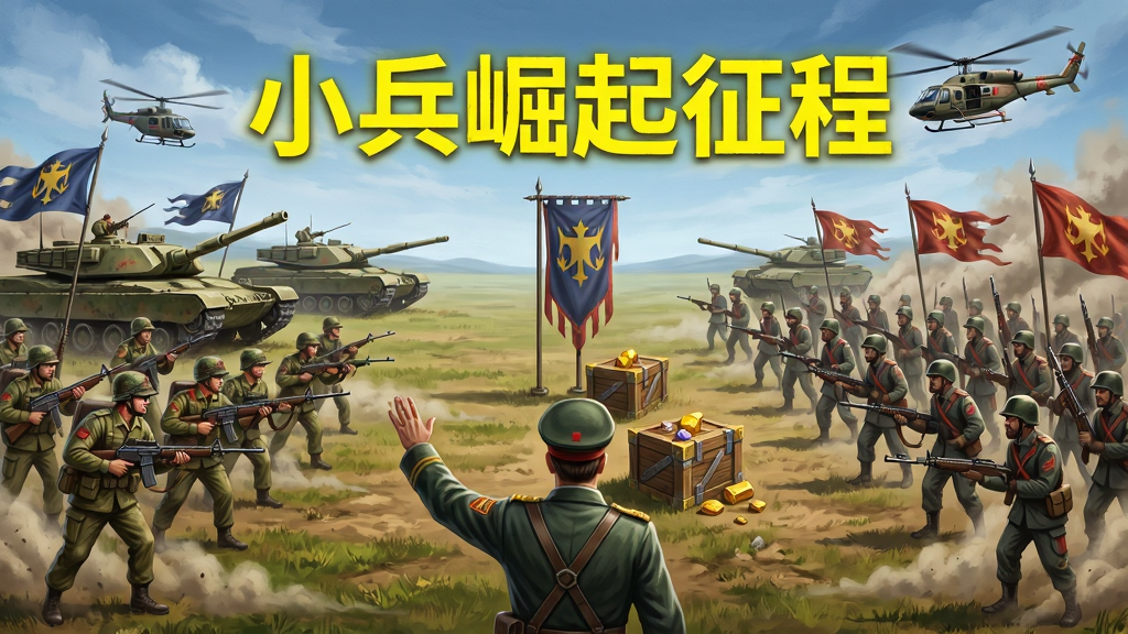 画面描绘两支军队在平原上对峙,左侧为玩家部队,右侧为敌方部队,中间有联盟旗帜与资源箱。布局采用宽幅横向构图,前景有指挥官角色举手指挥,背景有坦克与直升机。排版在画面中央偏上位置用亮黄色文字写“小兵崛起征程”。风格为写实战争插画风,细节包括士兵动作、旗帜飘动、地面尘土。画质清晰,色彩饱满,干净无多余元素。