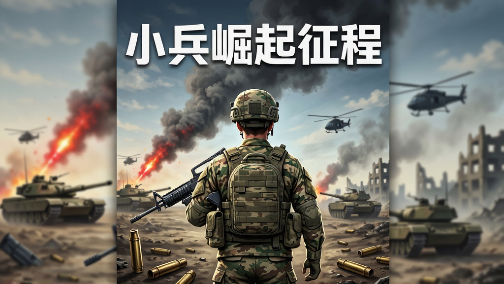画面中央是一位身穿迷彩作战服、手持步枪的年轻士兵背影,前方是广阔战场与远处升起的信号弹,背景有坦克轮廓和直升机剪影。布局采用竖版海报构图,主体人物占画面中下方三分之一,上方留出天空与战火烟雾空间。排版简洁大方,在画面顶部居中位置用粗体白色文字写“小兵崛起征程”。风格为写实军事插画风,细节包括士兵装备纹理、地面弹壳、远处废墟建筑。画质高清,色彩对比强烈,干净无多余元素。