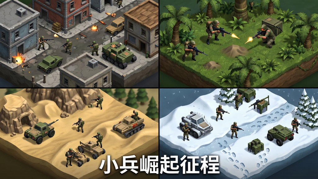 画面展示四个不同地形的小场景拼贴在一起,左上为城市巷战、右上为丛林伏击、左下为沙漠突袭、右下为雪地防守,每个场景中有士兵与载具单位。布局采用四宫格排列,每个格子有对应的地形纹理与战斗元素。排版在画面底部居中用白色文字写“小兵崛起征程”。风格为等距视角策略游戏地图风,细节包括建筑、植被、沙丘、雪地脚印。画质清晰,干净无多余元素。