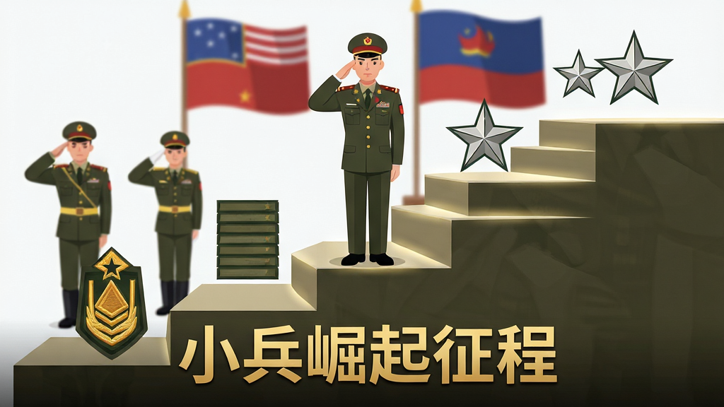画面主体是一位身穿军装的士兵站在晋升台阶上,从左下角的列兵肩章逐步过渡到右上角的将军将星,台阶两侧有士兵列队敬礼。布局采用对角线构图,左侧为低阶军衔标识,右侧为高阶军衔标识。排版在画面底部居中用金色文字写“小兵崛起征程”。风格为扁平化军事图标风,细节包括肩章纹理、台阶光影、背景军旗。画质清晰,干净整洁,无多余元素。