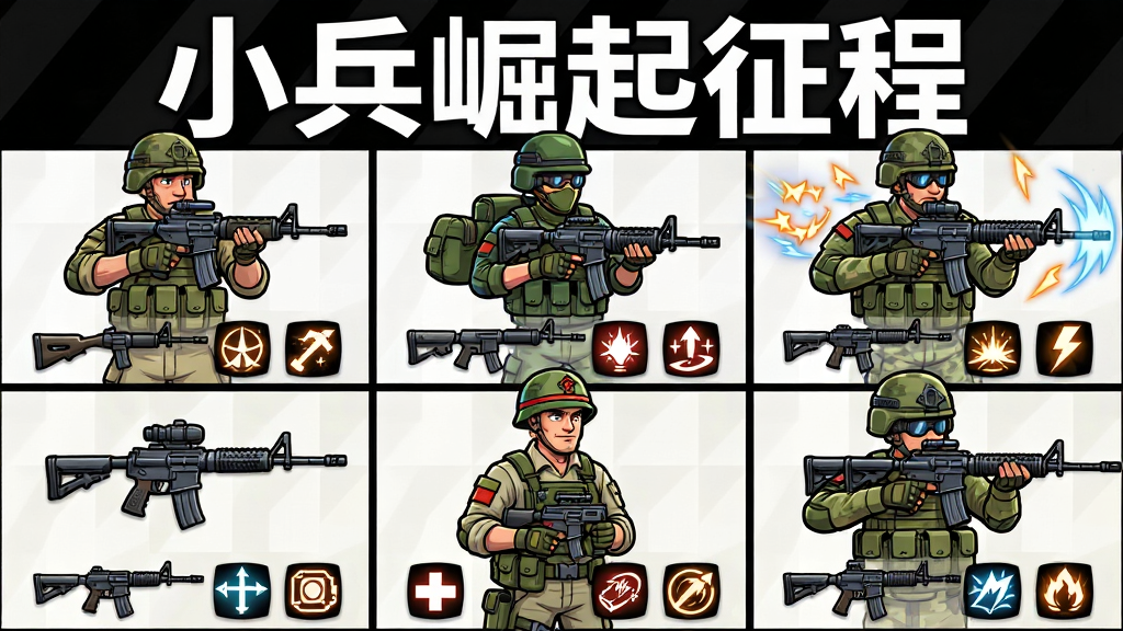 画面展示六种不同兵种的角色立绘排成两行三列,从左到右依次为步兵、狙击手、机枪手、医疗兵、工程兵和特种兵,每个角色下方有对应的武器图标与技能符号。布局采用网格排列,角色占据画面主要区域。排版在画面顶部用白色粗体字写“小兵崛起征程”。风格为美式卡通军事风,细节包括角色服装配色、武器造型、技能光效。画质高清,干净无多余元素。