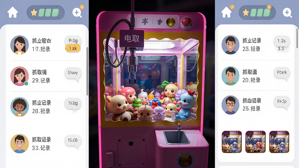 一张展示线上抓娃娃应用内多人互动界面的图片,画面中显示多个用户头像和抓取记录列表,中央是娃娃机实时画面,布局为社交互动界面,排版上用户信息与机台画面并列,风格为现代扁平化,细节包括排行榜图标、聊天气泡、娃娃仓库缩略图,画质高清,画面干净,无多余元素