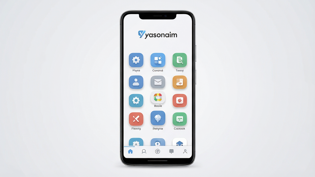 一张展示yasonaim软件主界面的手机样机图,主体为一部竖屏安卓手机,屏幕中显示简洁的应用首页布局,顶部有yasonaim文字标识,中部为功能图标网格,底部为导航栏;布局居中,背景为浅灰渐变;风格为现代扁平化UI设计;细节包含圆角图标、柔和阴影、清晰文字;画质高清,干净,无多余元素