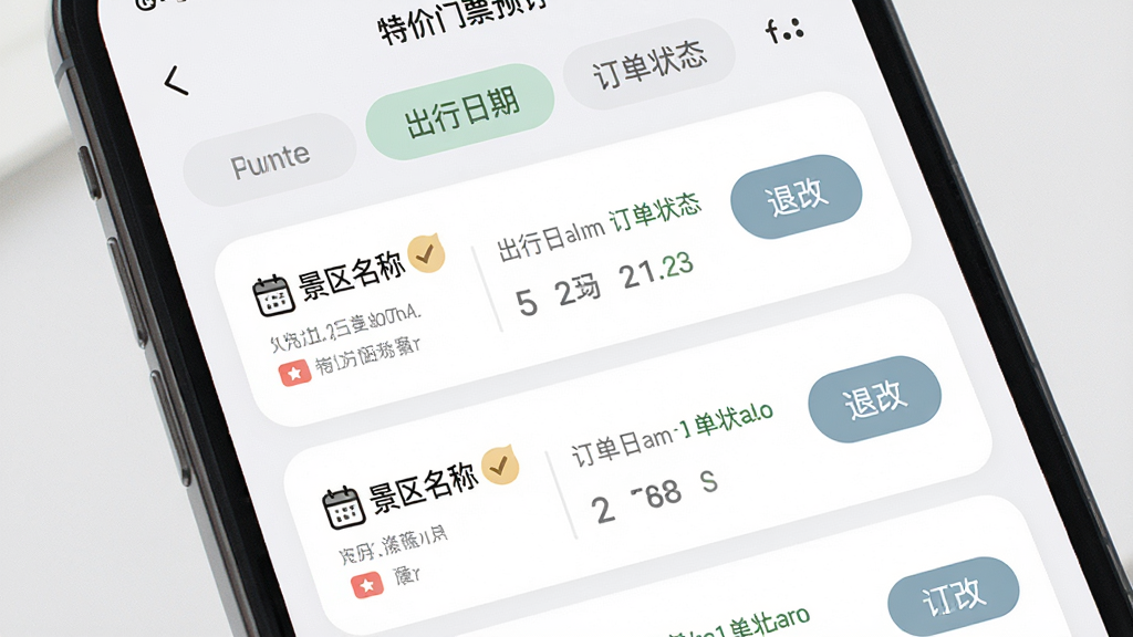 一张展示携麦特价门票预订订单管理界面的图片,画面为手机屏幕特写,屏幕中显示订单列表,每条订单包含景区名称、出行日期、订单状态和退改按钮,顶部有筛选标签,布局为纵向卡片式排列,风格为柔和圆角设计,细节包含状态徽章、日历图标和操作按钮,画质高清,界面干净,无多余元素