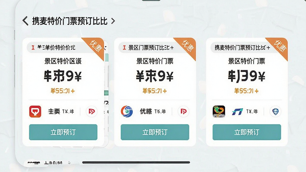 一张展示携麦特价门票预订比价功能的界面截图,画面主体为手机屏幕,屏幕中并排展示三个不同渠道的同一景区门票价格卡片,卡片上用醒目数字标注价格,底部有立即预订按钮,布局采用纵向列表排版,风格为清爽浅色系,细节包含价格标签、优惠角标和平台图标,画质清晰,画面干净,无多余装饰元素