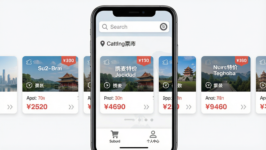 一张手机屏幕展示携麦特价门票预订应用首页的图片,画面中央是手机界面,界面顶部显示搜索框和城市定位,中部为横向滚动的景区门票卡片,卡片上标注折扣价格,底部为订单与个人中心入口,整体布局清晰,风格为现代简约扁平化设计,细节包含票务图标、价格标签和导航按钮,画质高清,干净整洁,无多余元素