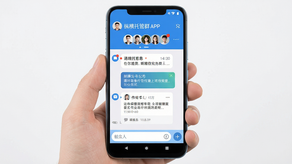 主体为一部安卓手机屏幕,屏幕中显示纵横托管群APP的聊天群组界面,布局采用居中构图,上方为群名称与成员头像列表,中部为通知消息气泡与作业卡片,下方为输入框与功能按钮;排版整洁清晰,风格为现代扁平化UI设计,色调以蓝白为主;细节包括消息时间戳、未读红点、群公告横幅;画质高清,画面干净,无多余元素。