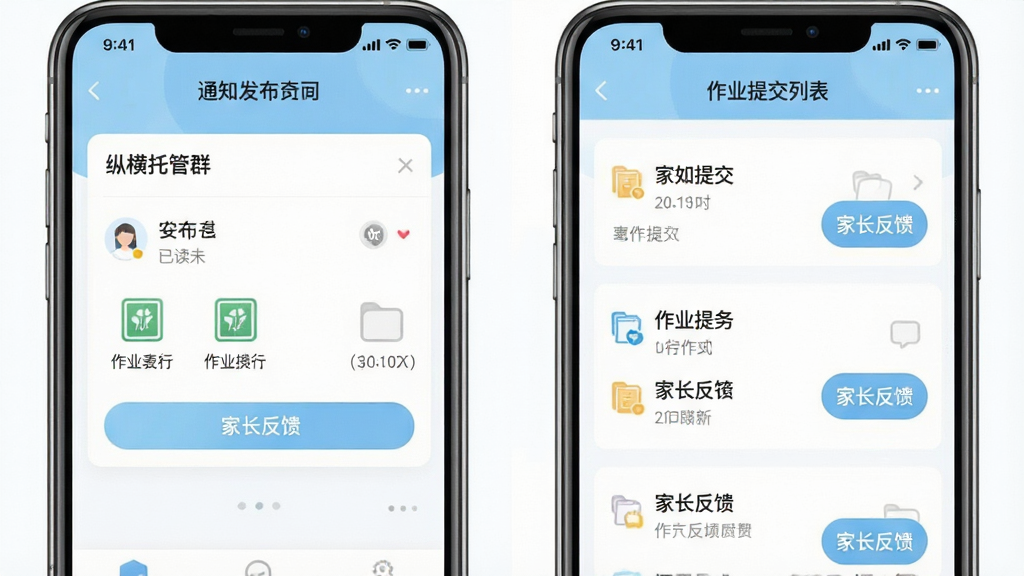主体为纵横托管群APP功能展示界面,布局采用左右分栏,左侧为通知发布面板,右侧为作业提交列表;排版层次分明,风格为清新教育类APP设计,色调以浅蓝与白色为主;细节包括已读未读标记、作业附件图标、家长反馈按钮;画质清晰,画面干净,无多余元素。