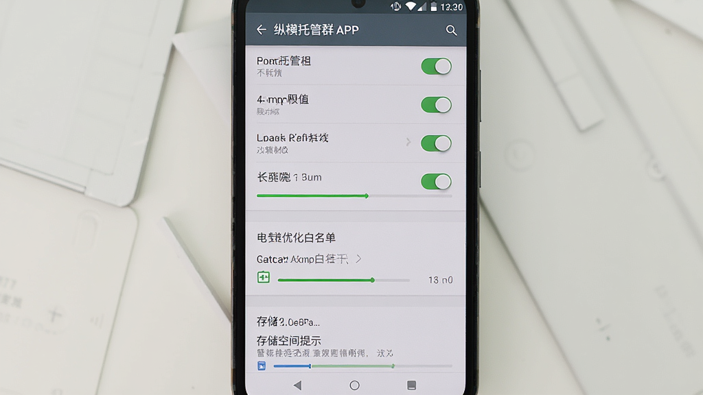 主体为安卓手机屏幕显示纵横托管群APP的安装权限设置界面,布局采用竖屏居中展示,上方为权限开关列表,中部为电池优化白名单选项,下方为存储空间提示;排版清晰,风格为手机系统设置界面写实风格,色调以灰白为主;细节包括开关按钮、提示文字、存储进度条;画质高清,画面干净,无多余元素。