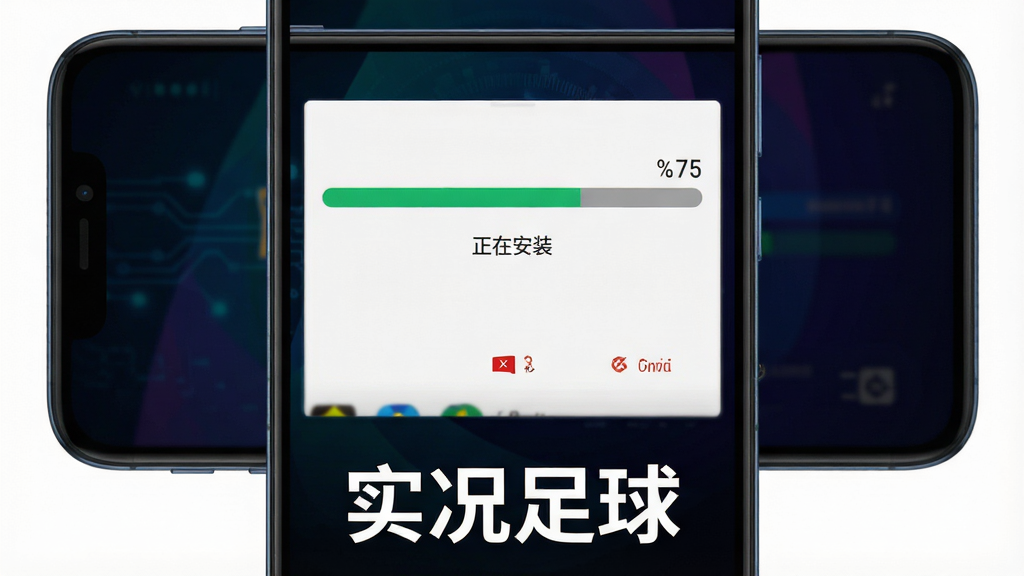 一张展示手机游戏安装界面的图片,画面主体为手机屏幕中显示的安卓应用安装进度条,屏幕内可以看到安装进度为百分之七十五,下方有“正在安装”字样和取消按钮,背景为深色渐变,整体风格为数码科技界面设计,画面下方居中位置用白色字体写着“实况足球”,画质清晰,细节锐利,干净无多余元素