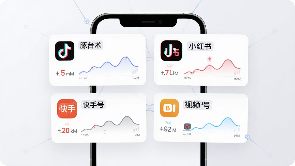 一幅展示灰豚数据多平台数据聚合能力的AI生图,画面主体是一部智能手机,手机屏幕内呈现四个平台的数据卡片并排展示,卡片上标注抖音、小红书、快手、视频号图标,布局为手机居中、卡片环绕手机屏幕,风格为清爽科技风,细节包括数据曲线、数字跳动效果、平台logo,画质高清,干净简洁,无多余元素