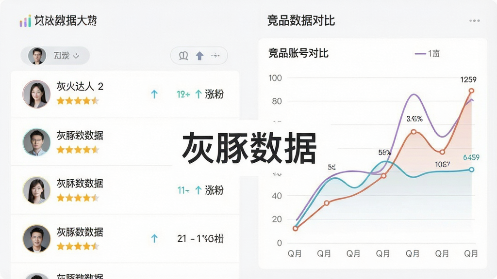 一张灰豚数据达人榜单与竞品监控功能的生图,画面左侧为达人排行榜列表,右侧为竞品账号数据对比折线图,中央有