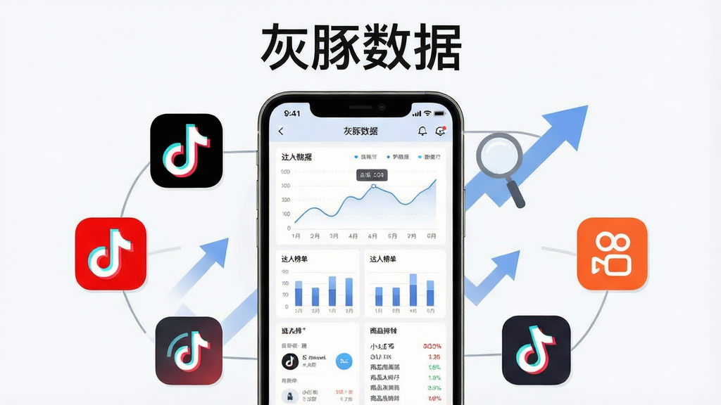 一张展示灰豚数据软件核心功能的界面截图风格插画,画面中央是手机屏幕显示灰豚数据APP的数据看板,屏幕上有折线图、柱状图、达人榜单和商品销量排行,周围环绕抖音、小红书、快手等平台图标,整体布局为居中构图,上方有标题文字