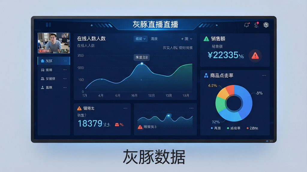 一幅灰豚数据直播实时数据追踪功能的AI生图,画面主体为一块大屏幕显示直播间实时数据仪表盘,屏幕上有在线人数曲线、销售额数字、商品点击率饼图,屏幕下方有