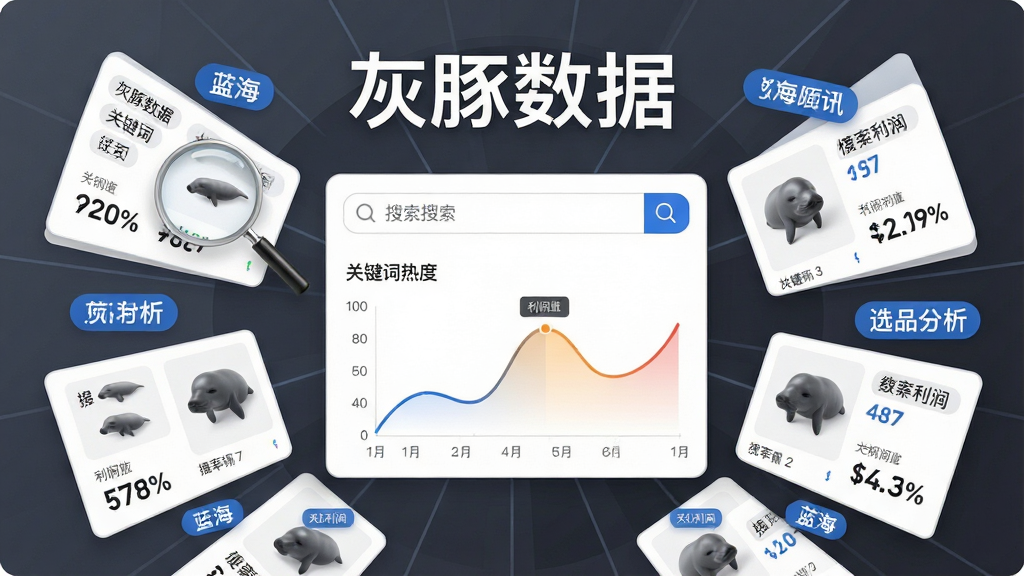 一张展示灰豚数据关键词与选品分析功能的生图,画面中央为搜索框和关键词热度曲线,周围环绕商品卡片和蓝海标签,上方有
