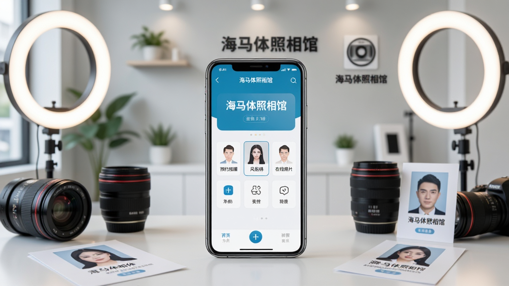 画面主体为一间明亮整洁的现代照相馆内部场景,中央摆放着一台智能手机,手机屏幕上清晰显示“海马体照相馆”应用界面,界面中包含预约拍摄、风格选择、在线选片等功能入口。手机周围环绕着柔和的环形补光灯、专业相机镜头和几张精致的证件照成品。背景墙面为浅灰色,点缀着简约的绿植和品牌标识。整体布局采用中心对称构图,手机位于画面正中,光线从上方均匀洒落。风格为清新商务写实风,细节包括手机屏幕的高光反射、纸张纹理和背景的轻微景深虚化。画质高清,画面干净,无多余元素,适合作为软件下载页展示图。