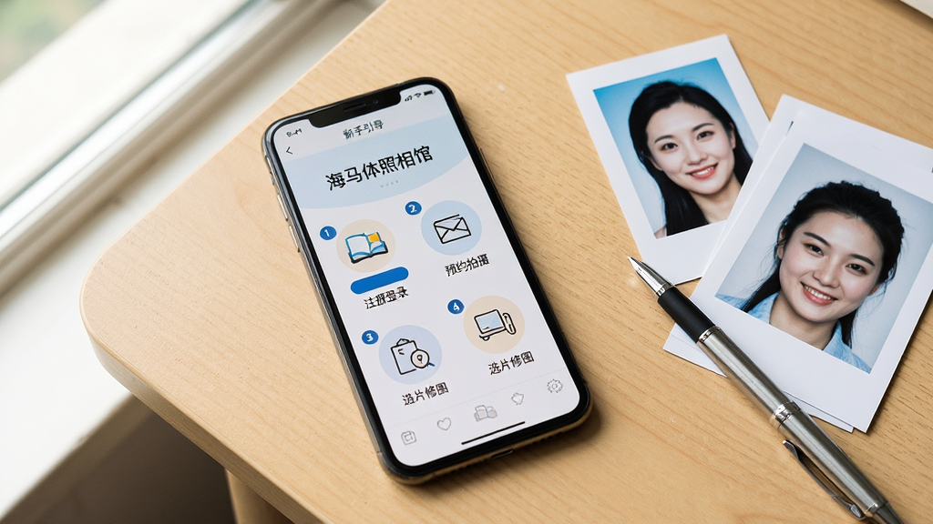 画面主体为一部智能手机放置在桌面上,屏幕显示“海马体照相馆”新手引导页面,页面中包含注册登录、预约拍摄、选片修图等步骤图示。手机旁边散落着几张打印出来的证件照和一支笔。背景为浅木色桌面,光线从左侧窗户自然照入。布局采用俯拍视角,手机位于画面中央偏左,右侧留白处放置照片和笔。风格为温馨生活记录风,细节包括屏幕上的步骤序号、照片的纸张质感和笔的金属反光。画质清晰,画面干净,无多余元素。