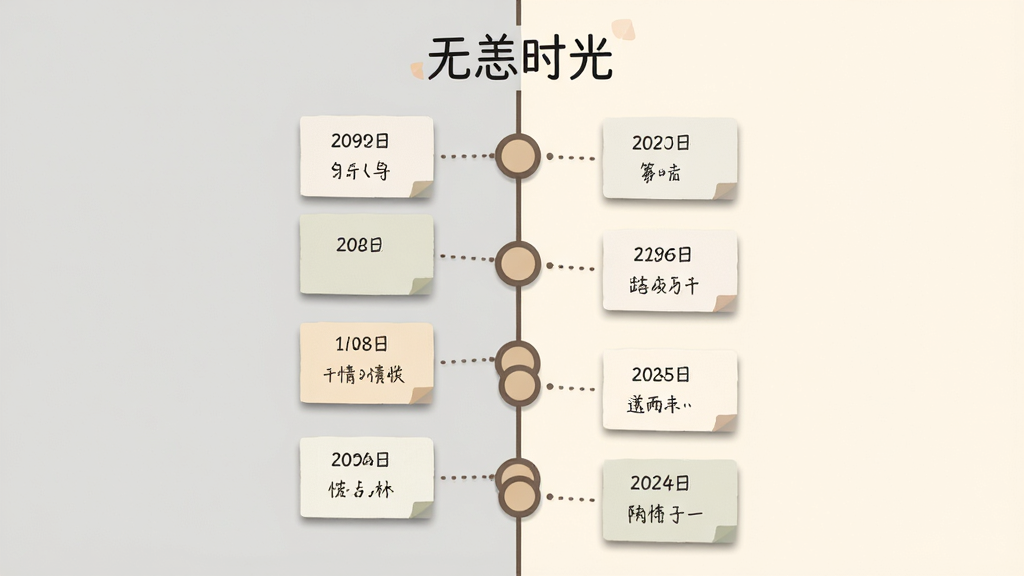 画面主体为一条纵向延伸的时光轴,从画面顶部贯穿至底部,轴上分布着多个圆形节点,每个节点连接一张小卡片,卡片上写着日期与简短心情文字。时光轴左侧为浅灰色背景,右侧为暖白色背景,整体布局简洁有序。风格为扁平化插画,细节包括节点之间的虚线连接与卡片阴影,画质高清,干净无多余元素,画面中央上方有“无恙时光”文字标识。