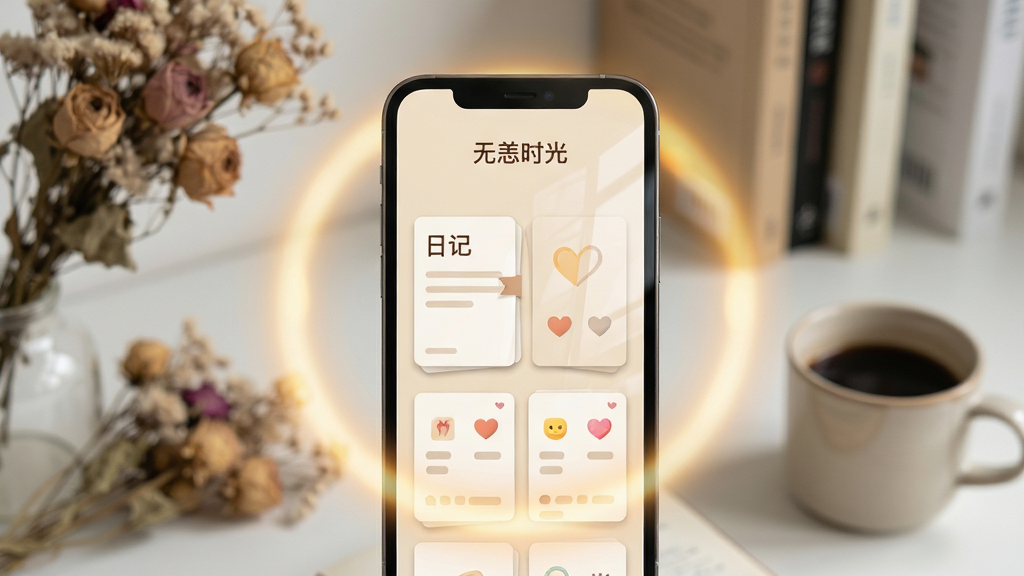 画面中央放置一部智能手机,屏幕显示“无恙时光”应用主界面,界面为浅米色背景,顶部有“无恙时光”文字标识,下方排列着日记卡片与心情图标。手机周围环绕着柔和的暖色光晕,背景为虚化的书桌一角,摆放着干花与咖啡杯。整体布局居中对称,风格清新治愈,细节包括屏幕反光与卡片阴影,画质高清,干净无多余元素。
