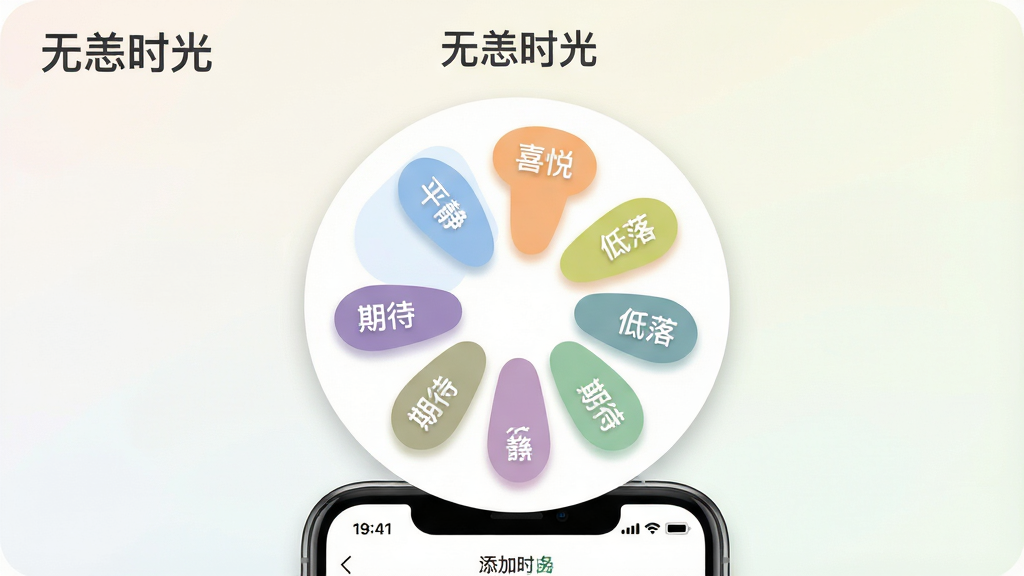 画面中央展示一个圆形的心情标签选择面板,面板内排列着多个彩色标签,分别标注“平静”“喜悦”“低落”“期待”等文字,标签颜色柔和,呈放射状排列。面板下方有一部手机,屏幕显示正在添加标签的界面。背景为浅色渐变,风格为清新扁平化,细节包括标签的圆角与阴影,画质高清,干净无多余元素,画面顶部有“无恙时光”文字标识。