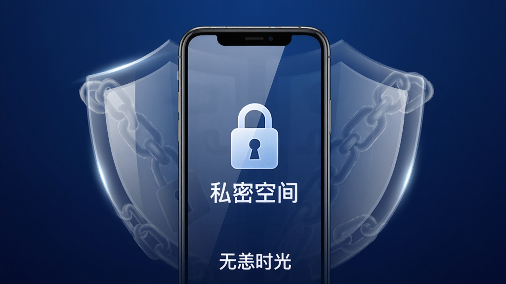 画面中央是一部手机,屏幕显示一个锁形图标与“私密空间”文字,手机周围环绕着半透明的盾牌图形,盾牌上有细微的锁链纹理。背景为深蓝色渐变,风格为科技感与安全感兼具的插画,细节包括盾牌的高光与手机屏幕的反射,画质高清,干净无多余元素,画面底部有“无恙时光”文字标识。