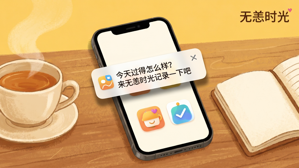 画面中央是一部手机,屏幕显示一条通知横幅,横幅上写着“今天过得怎么样?来无恙时光记录一下吧”,通知下方是应用图标。手机放置在木质桌面上,旁边有一杯热茶与一本翻开的笔记本。背景为暖黄色调,风格为温馨生活化插画,细节包括通知横幅的阴影与桌面纹理,画质高清,干净无多余元素,画面右上角有“无恙时光”文字标识。