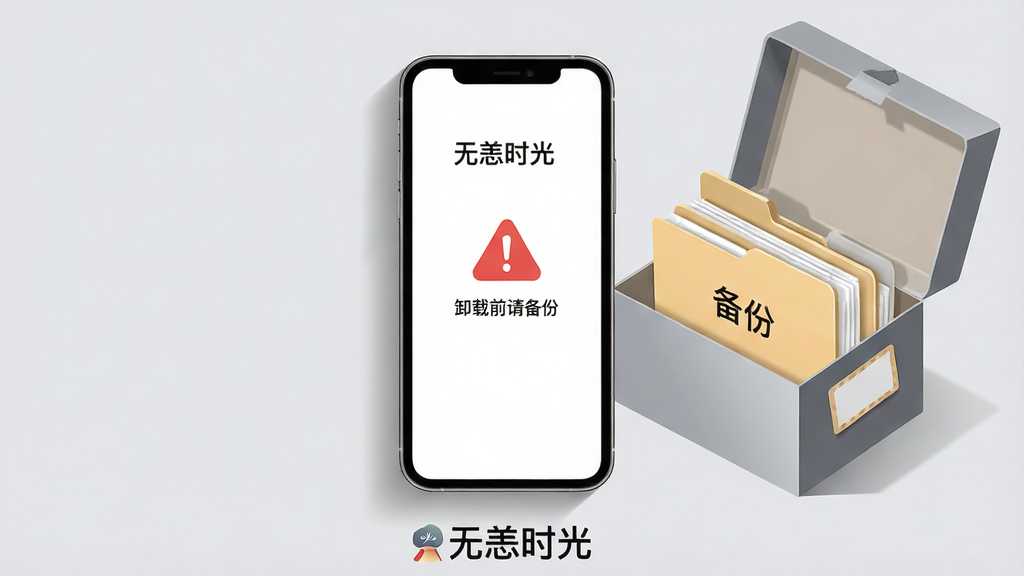 画面中央是一部手机,屏幕显示“无恙时光”的设置界面,界面中有一个红色的警告图标与“卸载前请备份”文字提示。手机旁边放置一个打开的文件盒,里面装着写有“备份”字样的文件夹。背景为浅灰色,风格为简洁警示风格插画,细节包括警告图标的阴影与文件夹的标签,画质高清,干净无多余元素,画面底部有“无恙时光”文字标识。